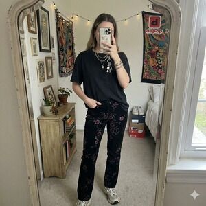 Cache Women's Medium Floral Velvet Pants Black Straight Leg Vintage Y2K